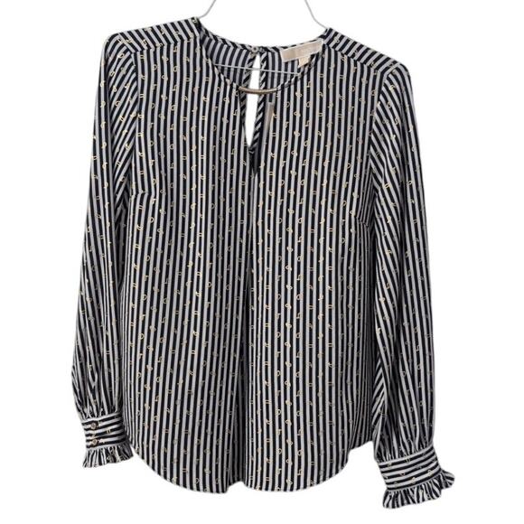 Michael Kors NWT Blue Striped Gold Paisley Print Blouse Medium - Picture 2 of 4